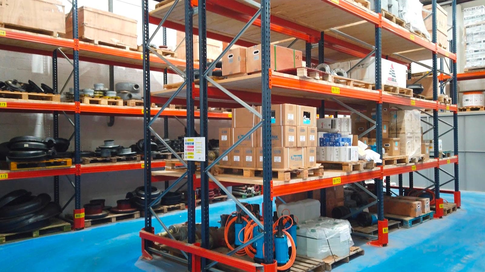 pump parts on shelfs in warehouse