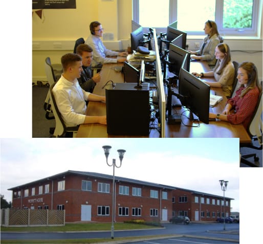 new office front and team at desks